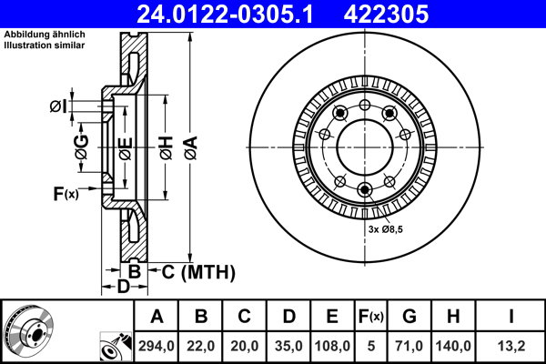 ATE 422305 brzdový kotouč 24.0122-0305.1, sada 2 ks