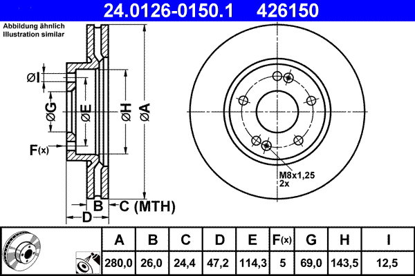 ATE 426150 brzdový kotouč 24.0126-0150.1, sada 2 ks