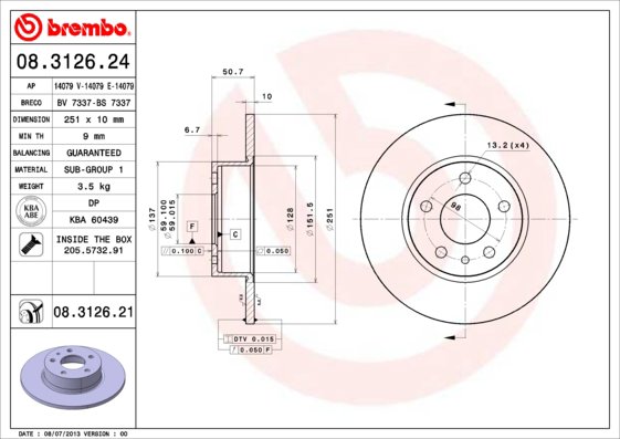 BREMBO brzdový kotouč 08.3126.21, sada 2 ks