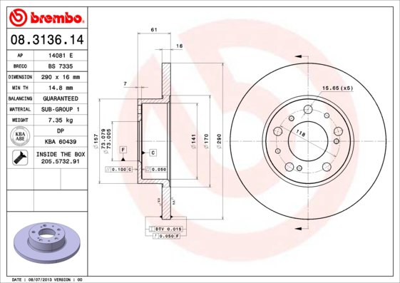 BREMBO brzdový kotouč 08.3136.14, sada 2 ks