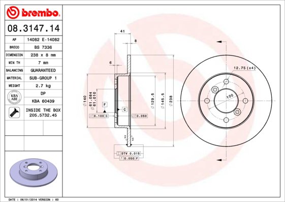 BREMBO brzdový kotouč 08.3147.14, sada 2 ks