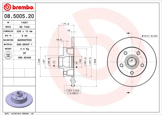 BREMBO brzdový kotouč 08.5005.20, sada 2 ks