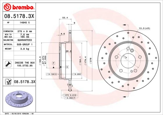 BREMBO brzdový kotouč 08.5178.3X, sada 2 ks