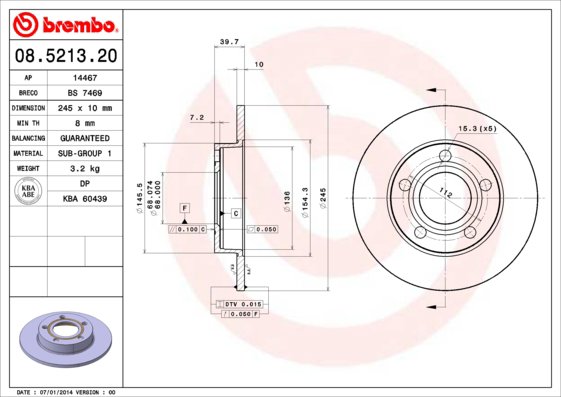 BREMBO brzdový kotouč 08.5213.20, sada 2 ks