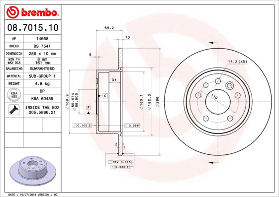BREMBO brzdový kotouč 08.7015.10, sada 2 ks