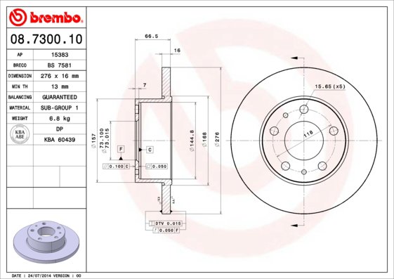 BREMBO brzdový kotouč 08.7300.10, sada 2 ks