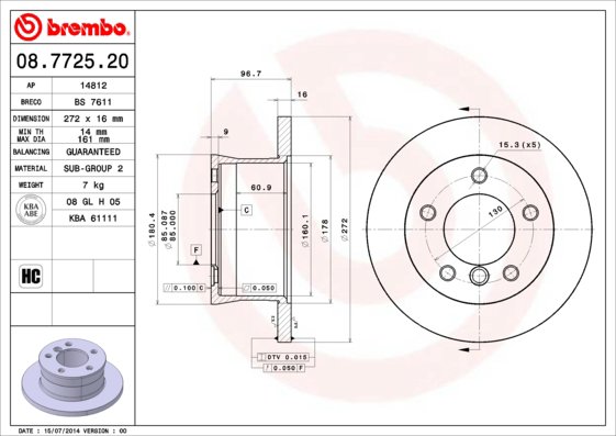 BREMBO brzdový kotouč 08.7725.20, sada 2 ks