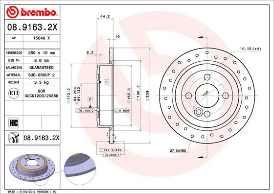 BREMBO brzdový kotouč 08.9163.2X, sada 2 ks