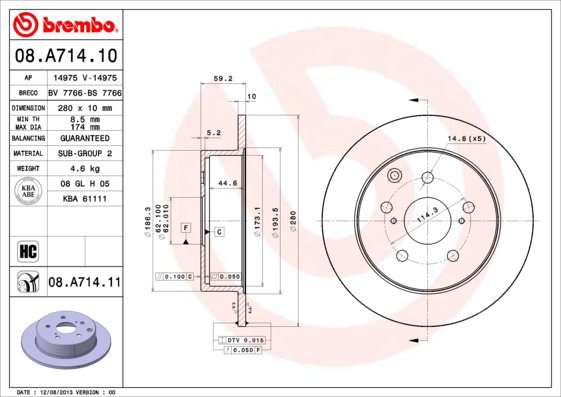 BREMBO brzdový kotouč 08.A714.11, sada 2 ks