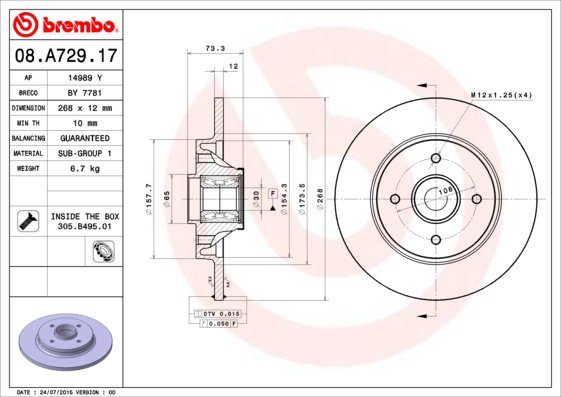 BREMBO brzdový kotouč 08.A729.17, sada 2 ks