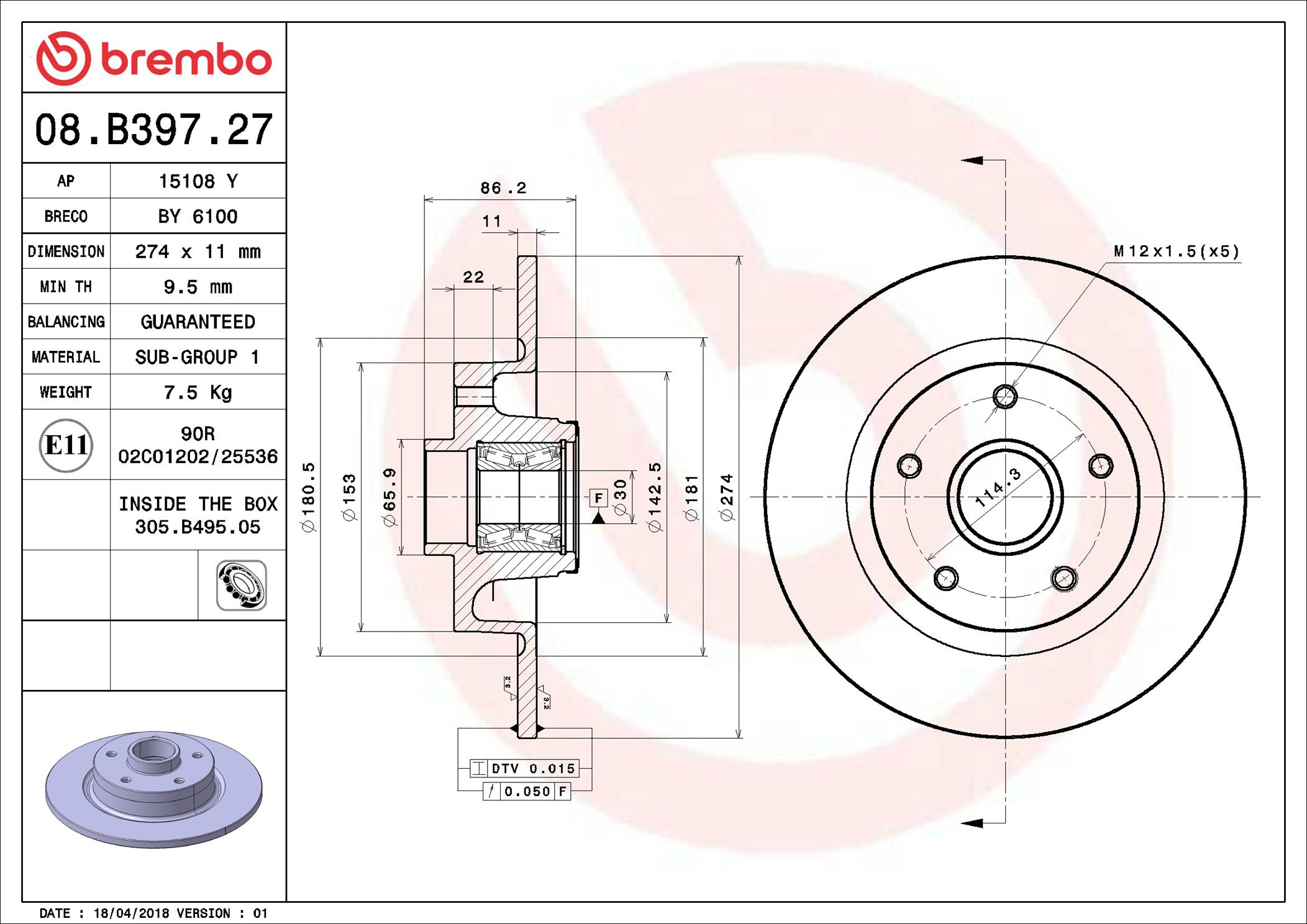 BREMBO brzdový kotouč 08.B397.27, sada 2 ks