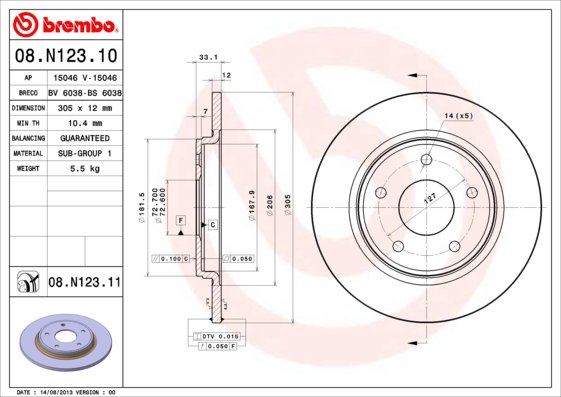 BREMBO brzdový kotouč 08.N123.11, sada 2 ks