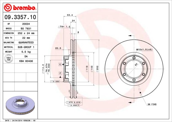 BREMBO brzdový kotouč 09.3357.10, sada 2 ks