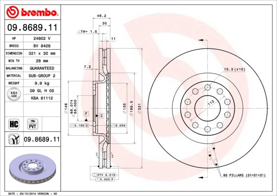BREMBO brzdový kotouč 09.8689.11, sada 2 ks