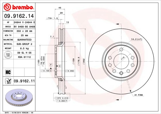 BREMBO brzdový kotouč 09.9162.11, sada 2 ks