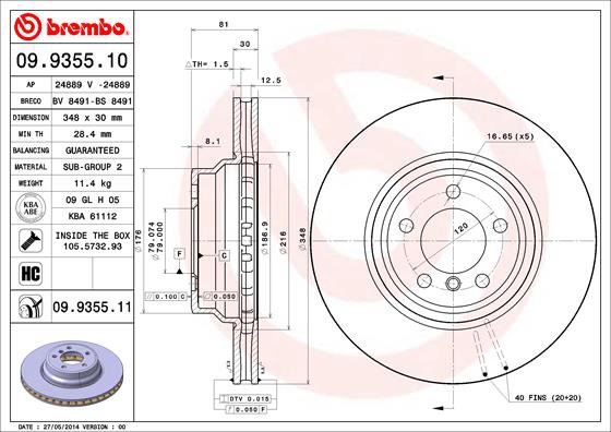 BREMBO brzdový kotouč 09.9355.11, sada 2 ks