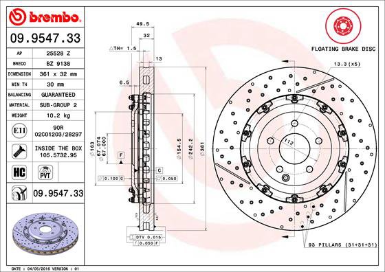 BREMBO brzdový kotouč 09.9547.33, sada 2 ks