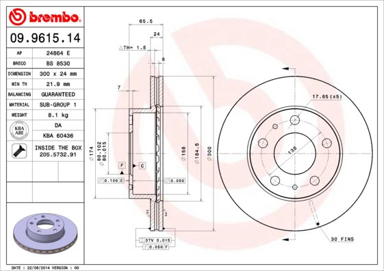 BREMBO brzdový kotouč 09.9615.14, sada 2 ks