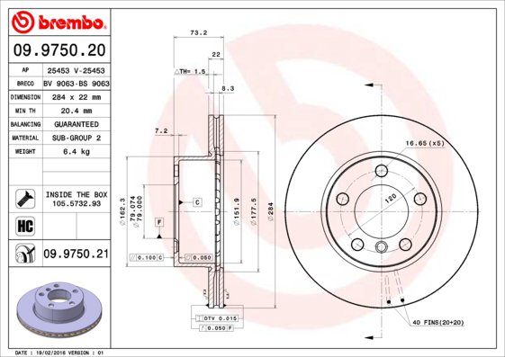 BREMBO brzdový kotouč 09.9750.21, sada 2 ks