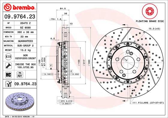 BREMBO brzdový kotouč 09.9764.23, sada 2 ks