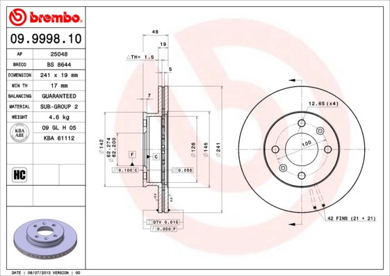 BREMBO brzdový kotouč 09.9998.10, sada 2 ks