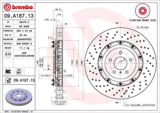 BREMBO brzdový kotouč 09.A187.13, sada 2 ks