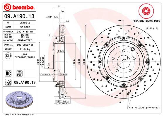 BREMBO brzdový kotouč 09.A190.13, sada 2 ks