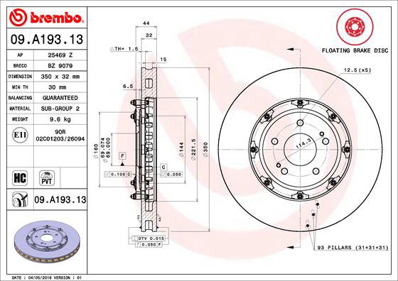 BREMBO brzdový kotouč 09.A193.13, sada 2 ks