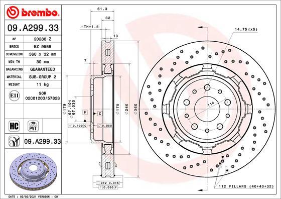BREMBO brzdový kotouč 09.A299.33, sada 2 ks
