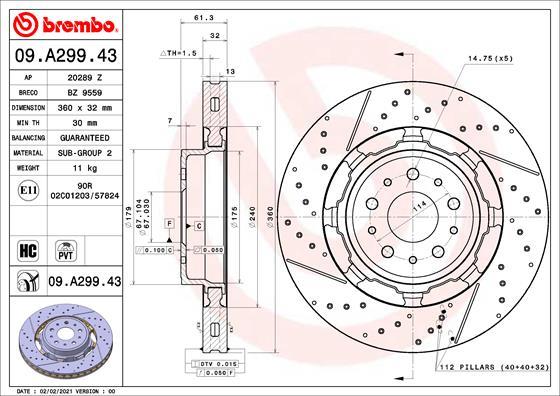 BREMBO brzdový kotouč 09.A299.43, sada 2 ks