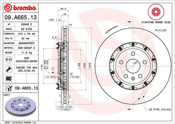 BREMBO brzdový kotouč 09.A665.13, sada 2 ks