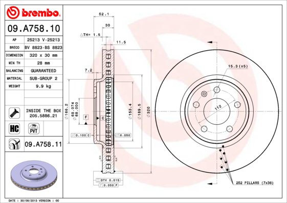 BREMBO brzdový kotouč 09.A758.11, sada 2 ks