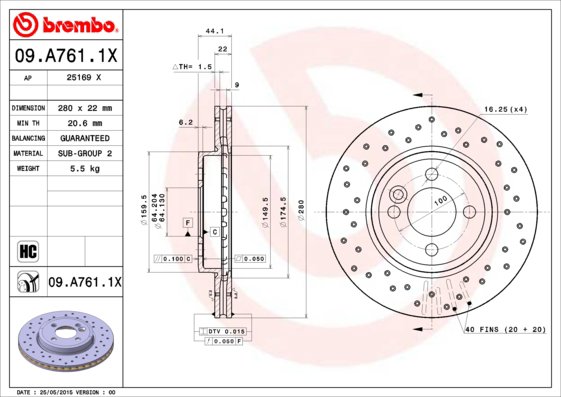 BREMBO brzdový kotouč 09.A761.1X, sada 2 ks