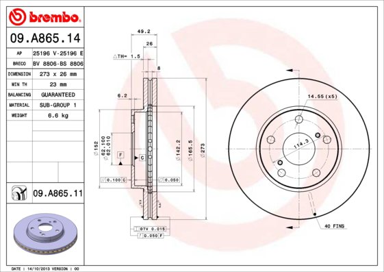 BREMBO brzdový kotouč 09.A865.11, sada 2 ks
