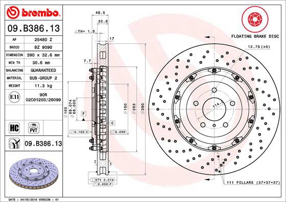 BREMBO brzdový kotouč 09.B386.13, sada 2 ks