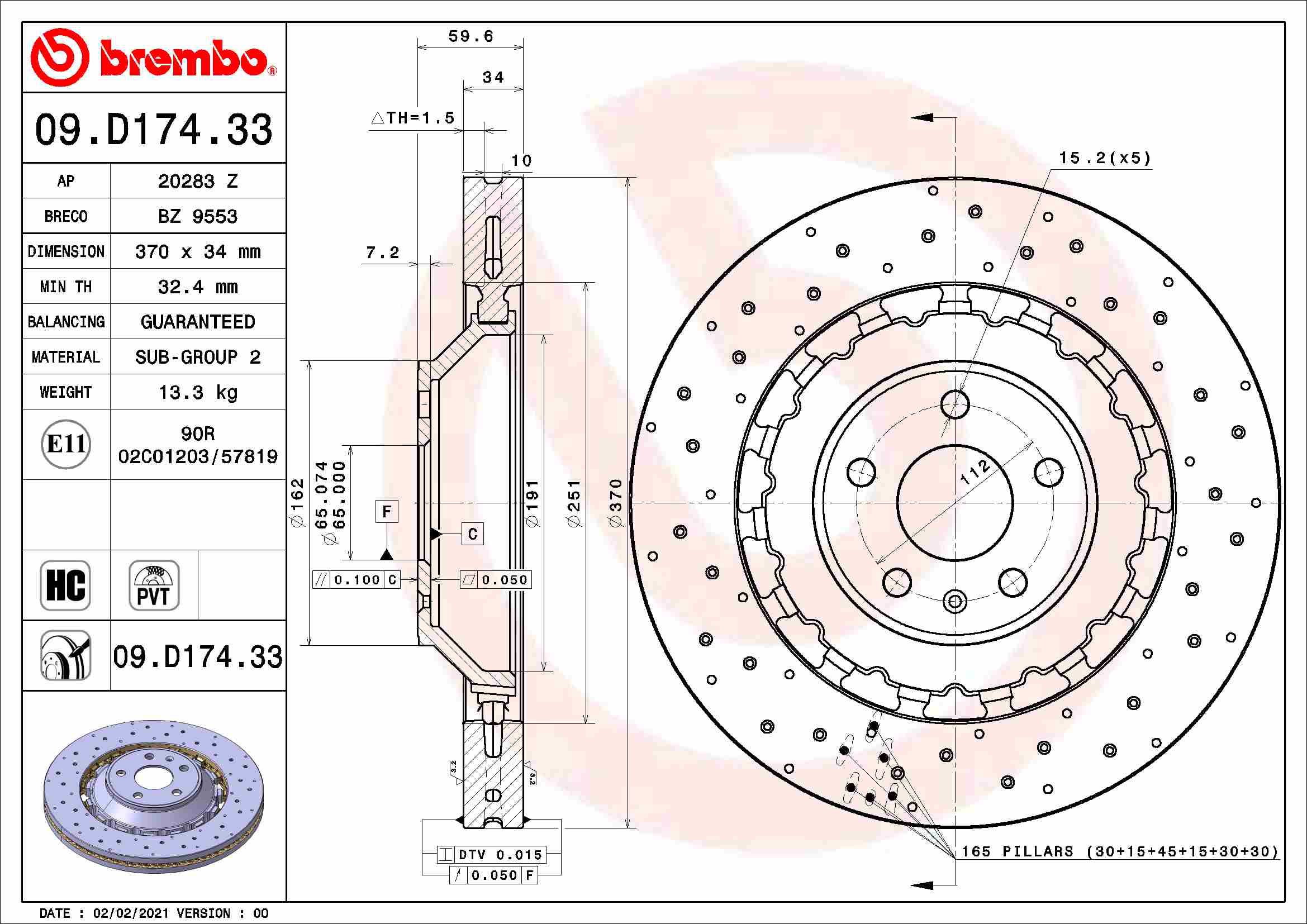 BREMBO brzdový kotouč 09.D174.33, sada 2 ks