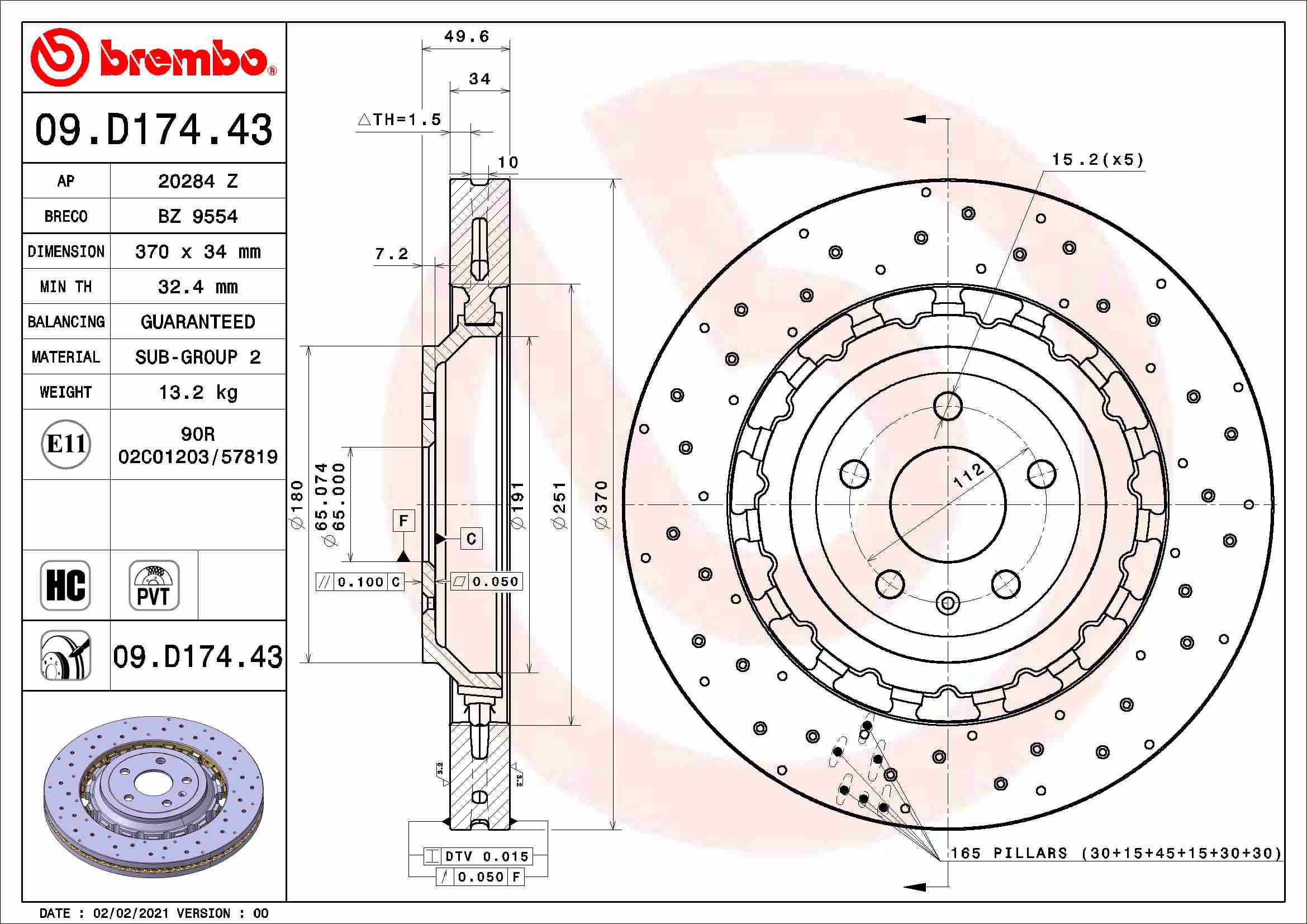 BREMBO brzdový kotouč 09.D174.43, sada 2 ks