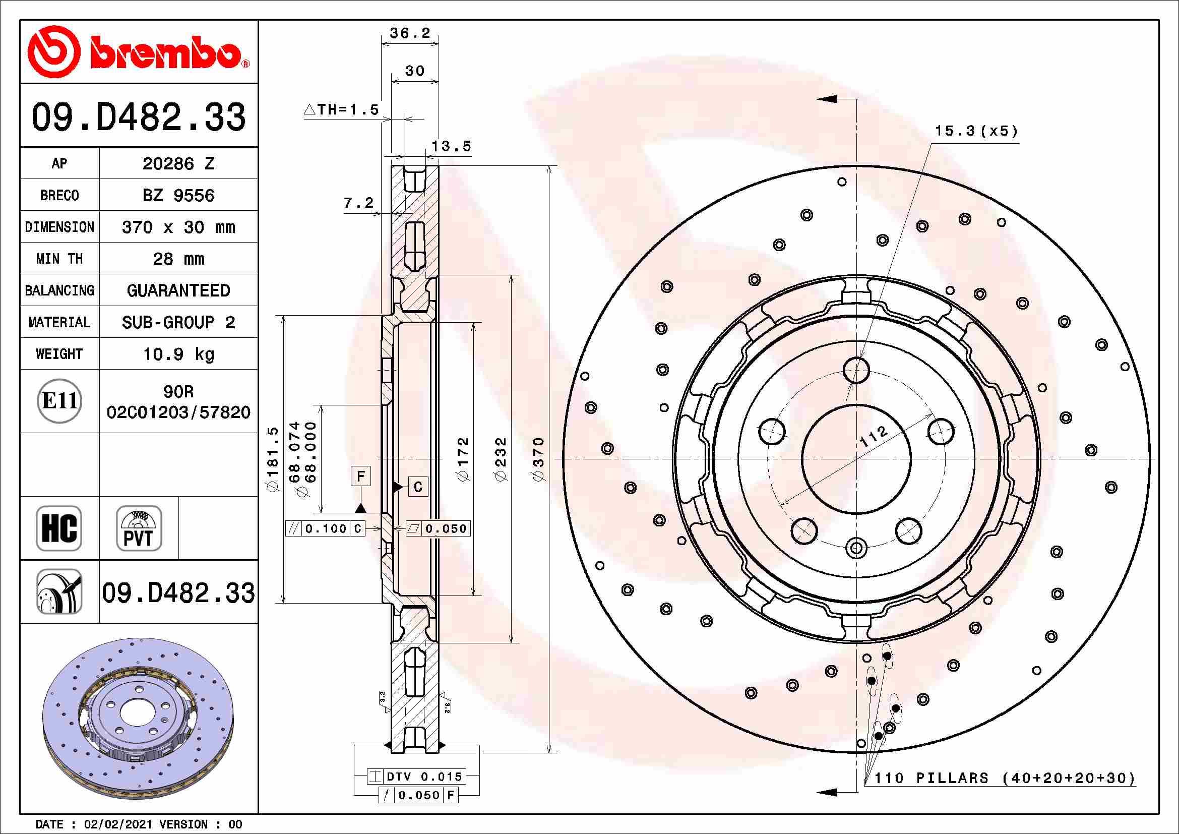 BREMBO brzdový kotouč 09.D482.33, sada 2 ks