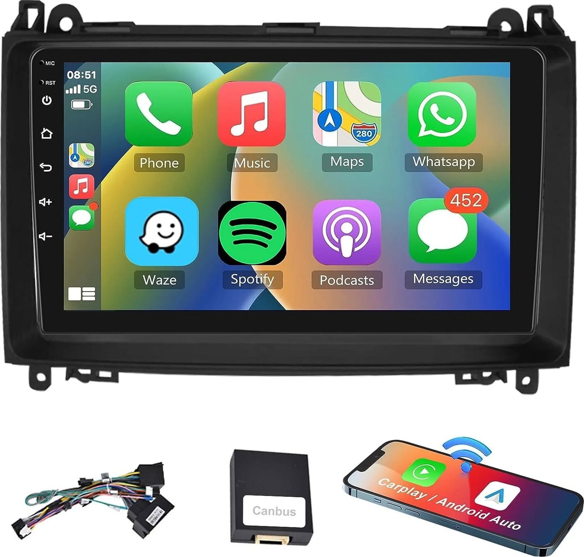 Ossuret 8GB Autorádio Mercedes A/B Class, Sprinter, Vito, Viano, VW Crafter, Android 14, GPS
