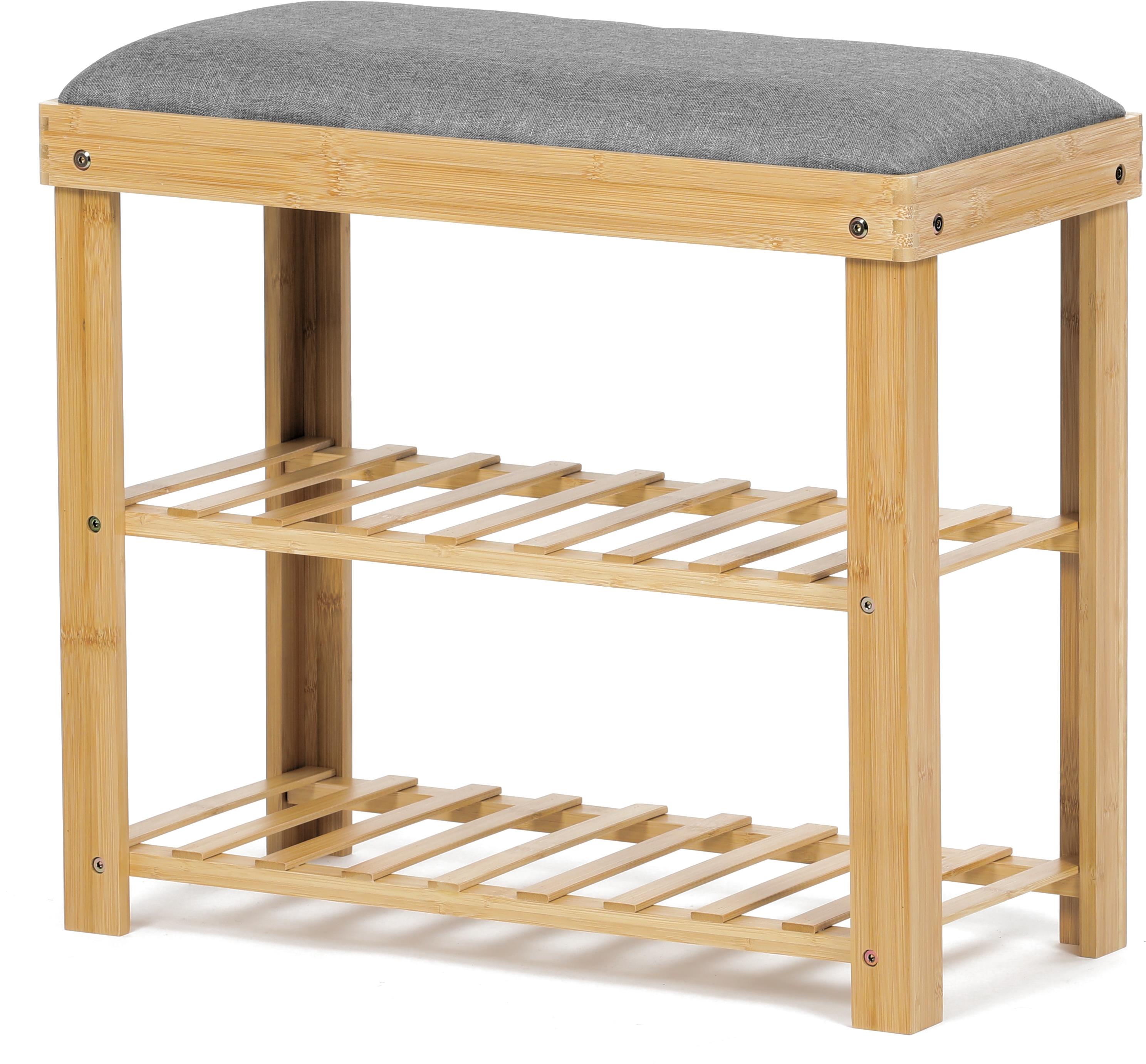 Botník / lavice, 2 police, masiv bambus, přírodní odstín, šedá látka