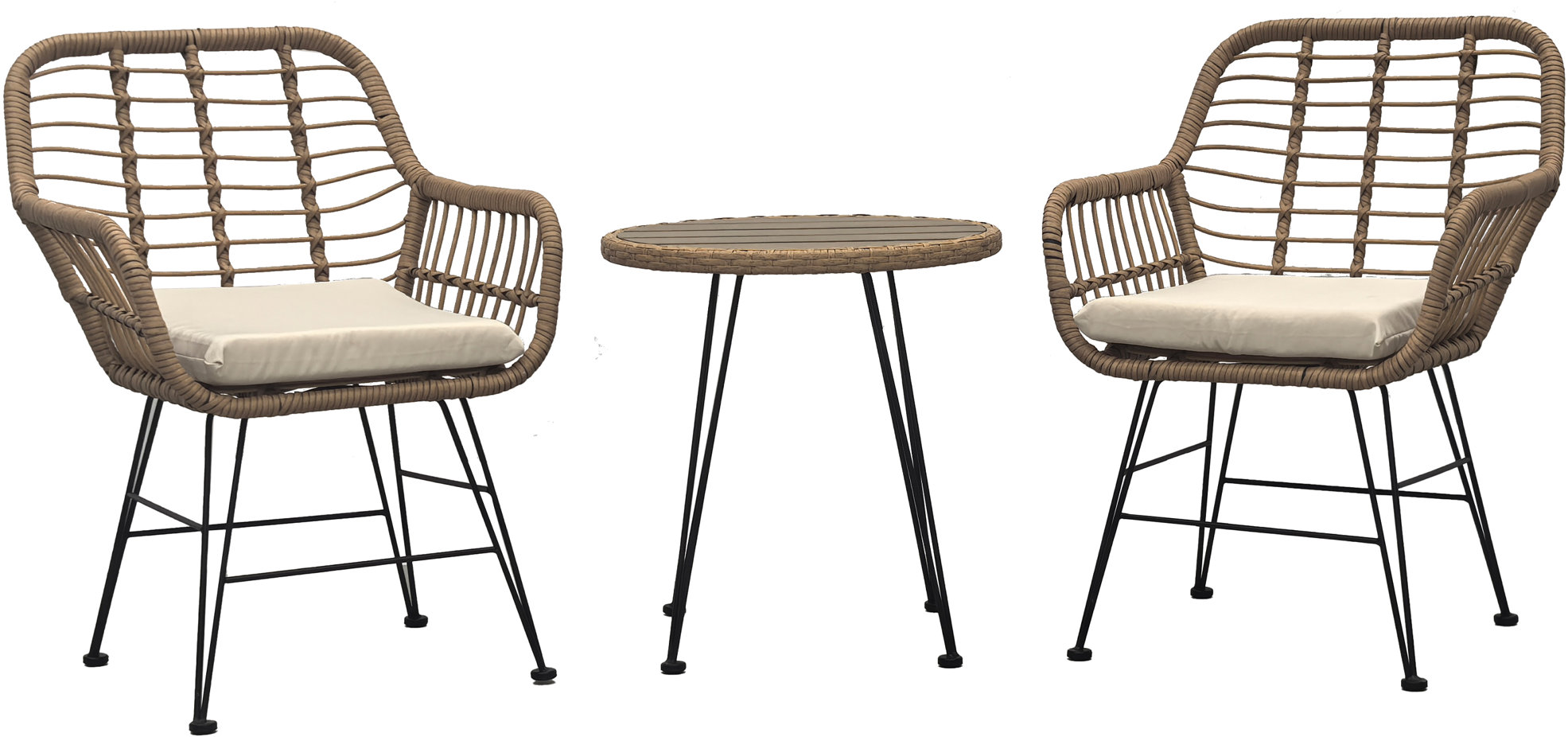 Balkónový set Lugano, stůl + 2 židle, kov, umělý ratan, látka béžová, deska stolku polywood