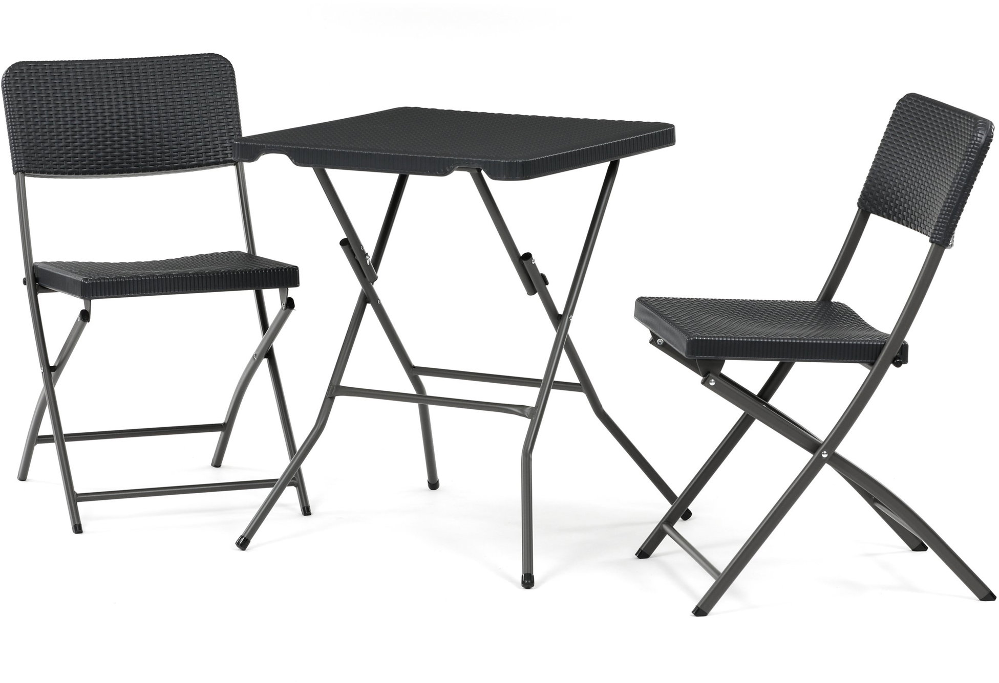 Zahradní set 1+2, stůl 60 × 60 cm, šedý plast, imitace ratanu, šedé kovové nohy