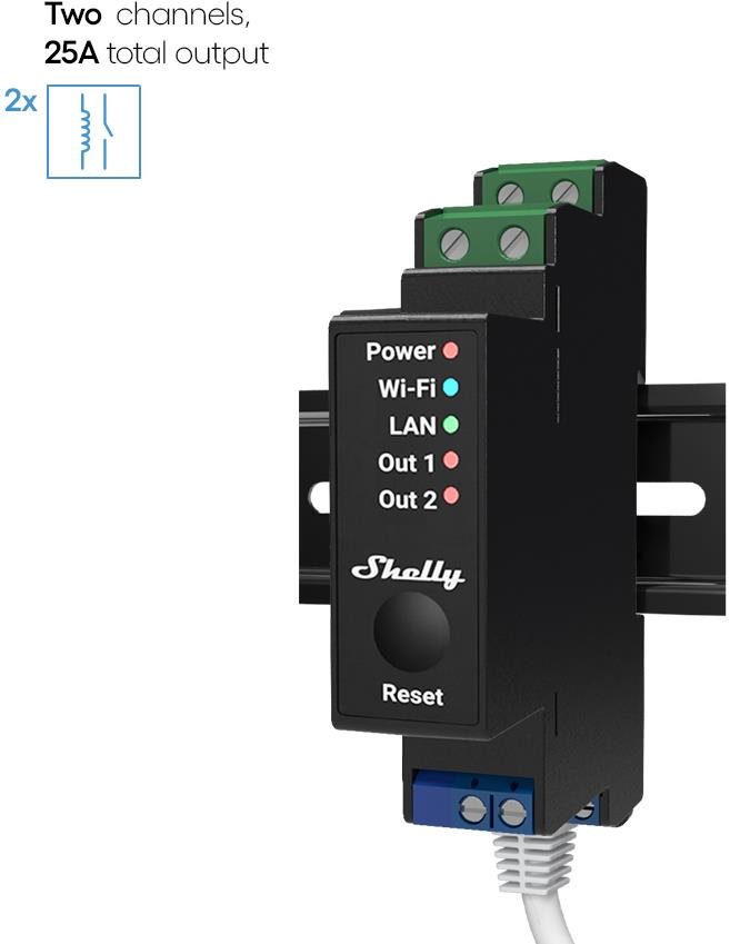 Shelly Pro 2PM, spínací modul 2x 16A na DIN lištu, měření spotřeby, LAN, Wi-Fi, a Bluetooth