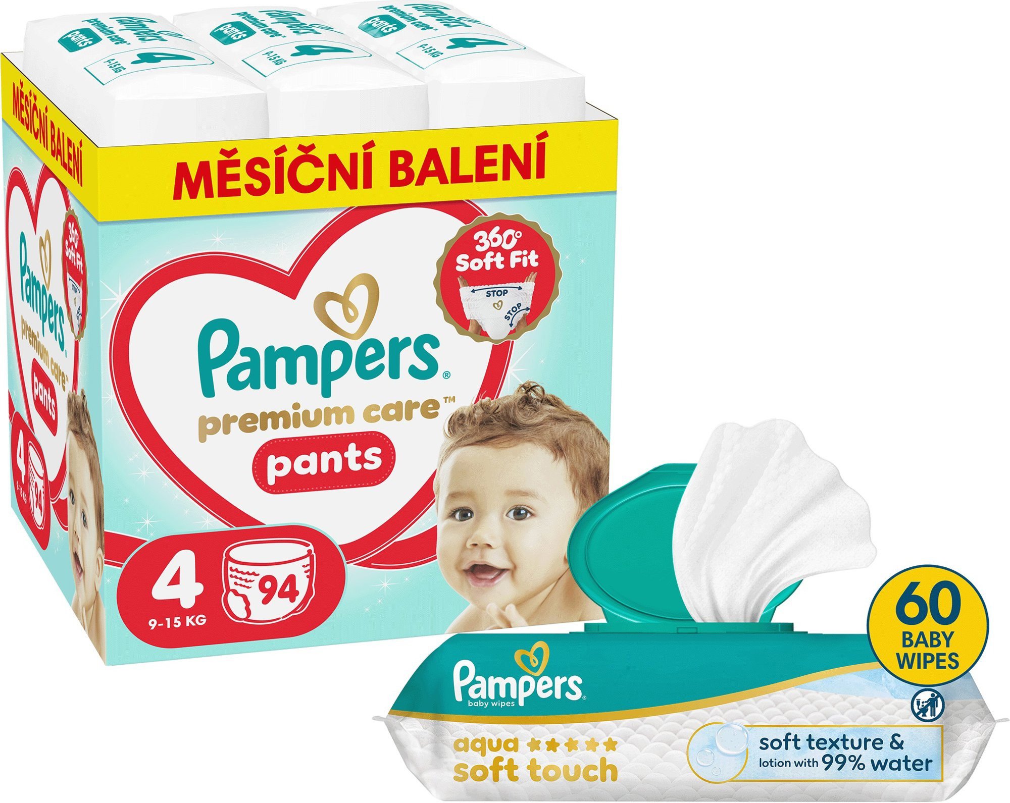 PAMPERS Premium Care Pants vel. 4 (94 ks) + PAMPERS Aqua Soft Touch 60 ks