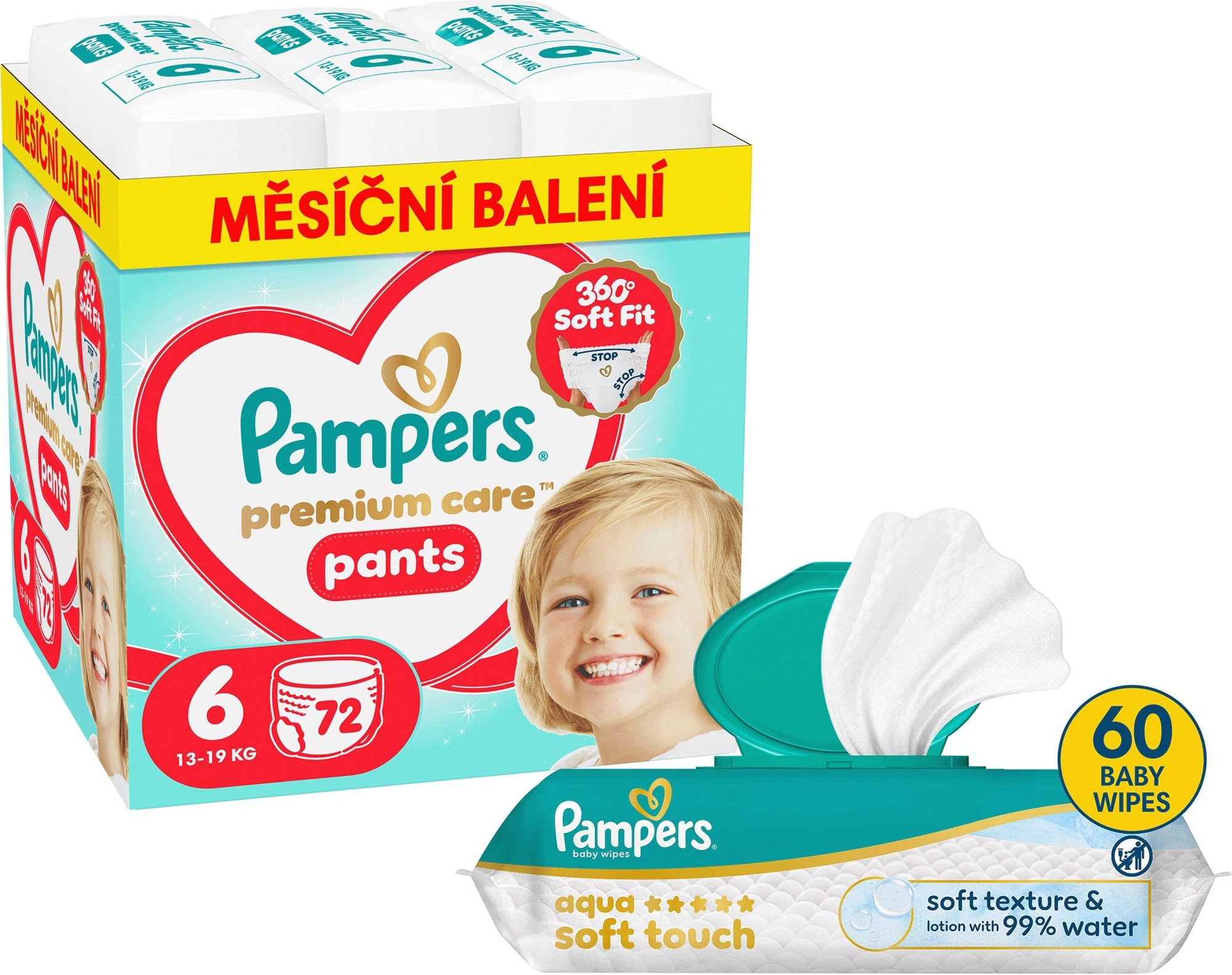PAMPERS Premium Care Pants vel. 6 (72 ks) + PAMPERS Aqua Soft Touch 60 ks