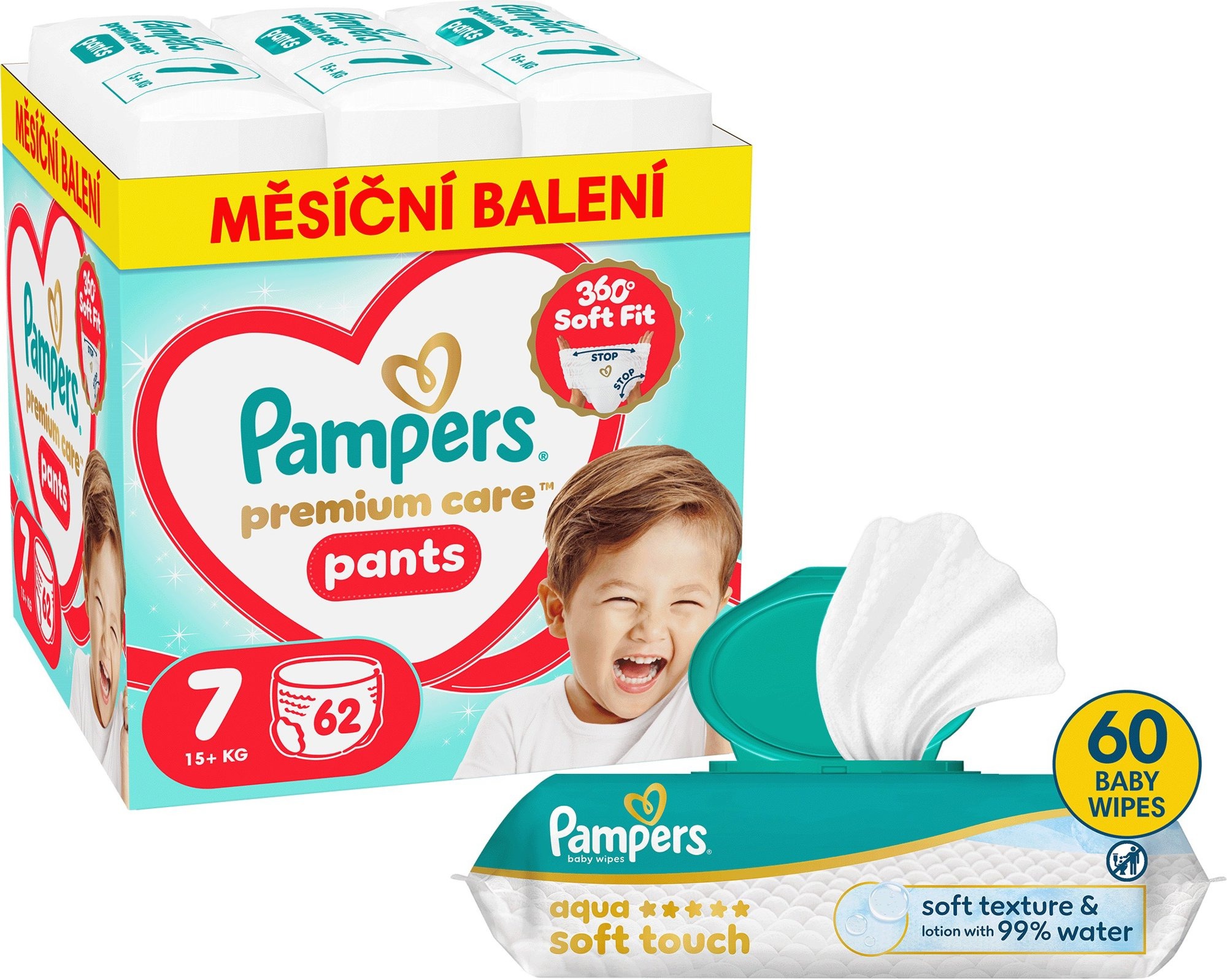 PAMPERS Premium Care Pants vel. 7 (62 ks) + PAMPERS Aqua Soft Touch 60 ks