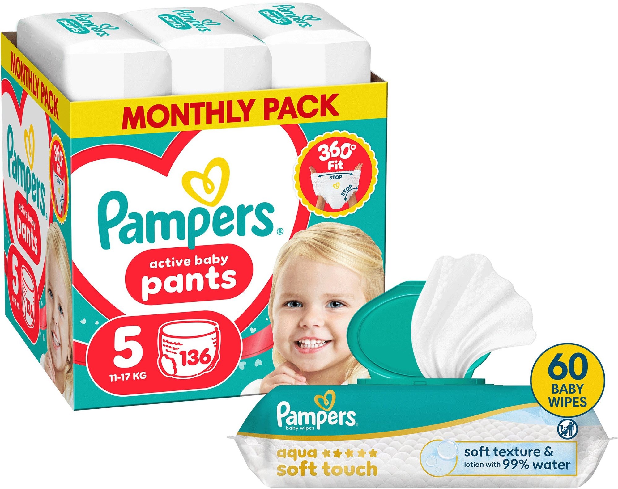 PAMPERS Pants vel. 5 (136 ks) + PAMPERS Aqua Soft Touch 60 ks