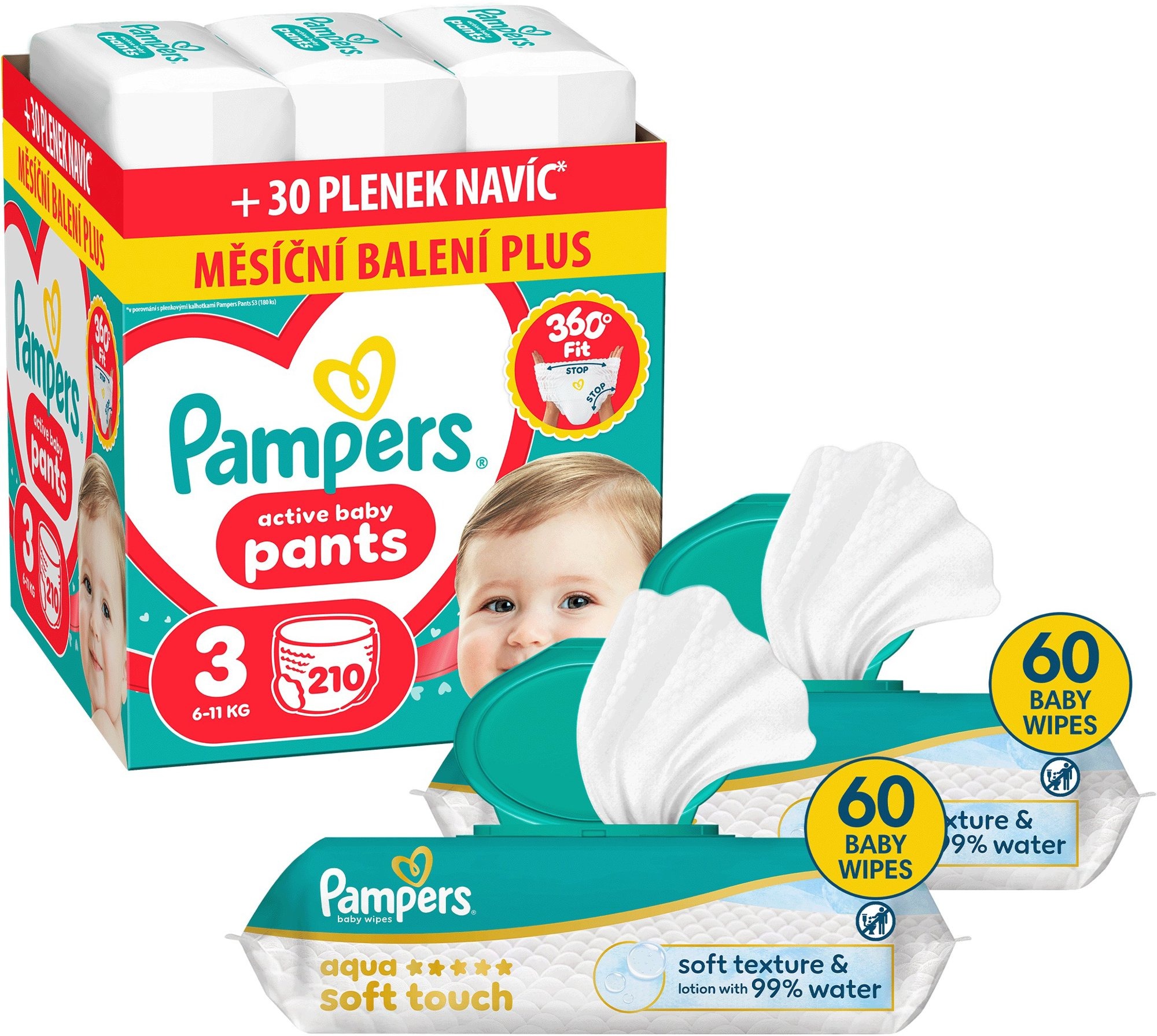 PAMPERS Pants vel. 3 (210 ks) + PAMPERS Aqua Soft Touch 120 ks (2× 60 ks)