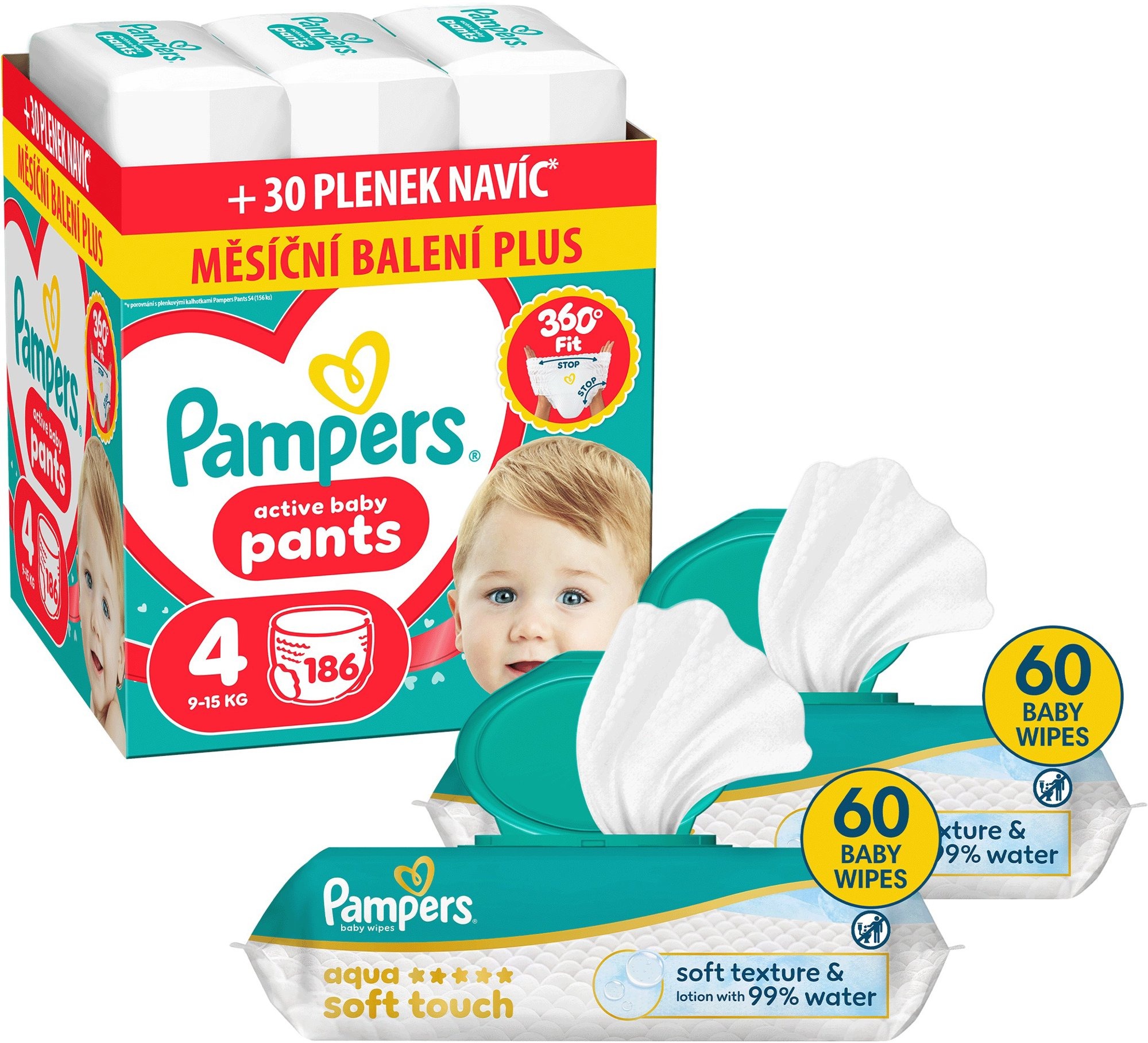 PAMPERS Pants vel. 4 (186 ks) + PAMPERS Aqua Soft Touch 120 ks (2× 60 ks)