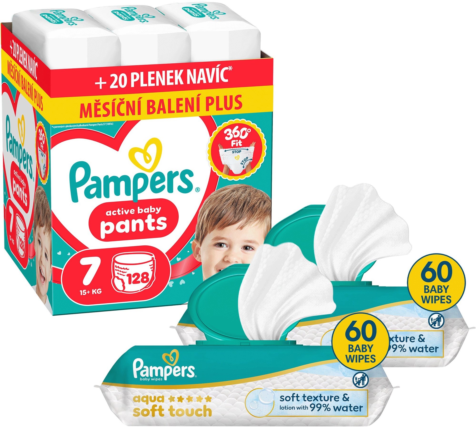 PAMPERS Pants vel. 7 (128 ks) + PAMPERS Aqua Soft Touch 120 ks (2× 60 ks)